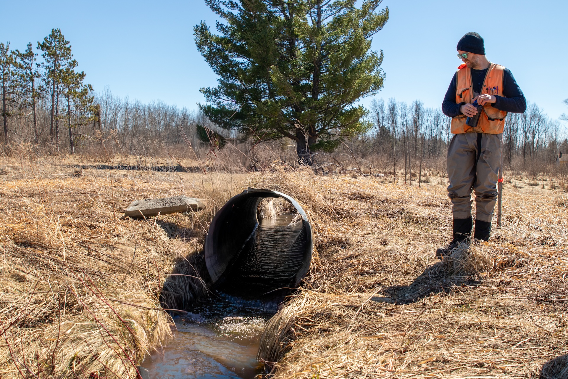 Conservation staff inspect an undersized culvert at Mitchell Creek Meadows Nature Preserve, where stream restoration efforts will improve fish passage and habitat connectivity.