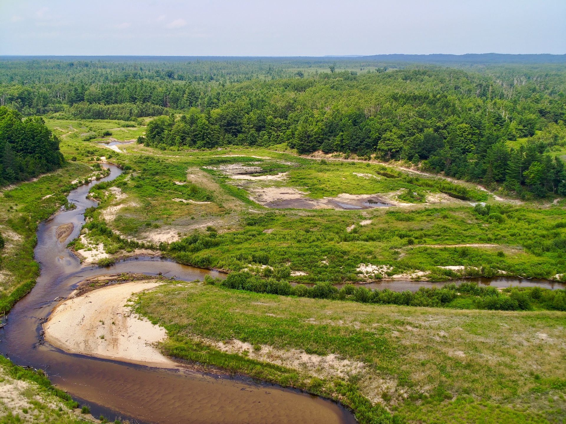 S1004529-2 Aerial view of a restored wetland with a winding stream flowing through sandy banks, grasses, and low vegetation, surrounded by dense green forest.